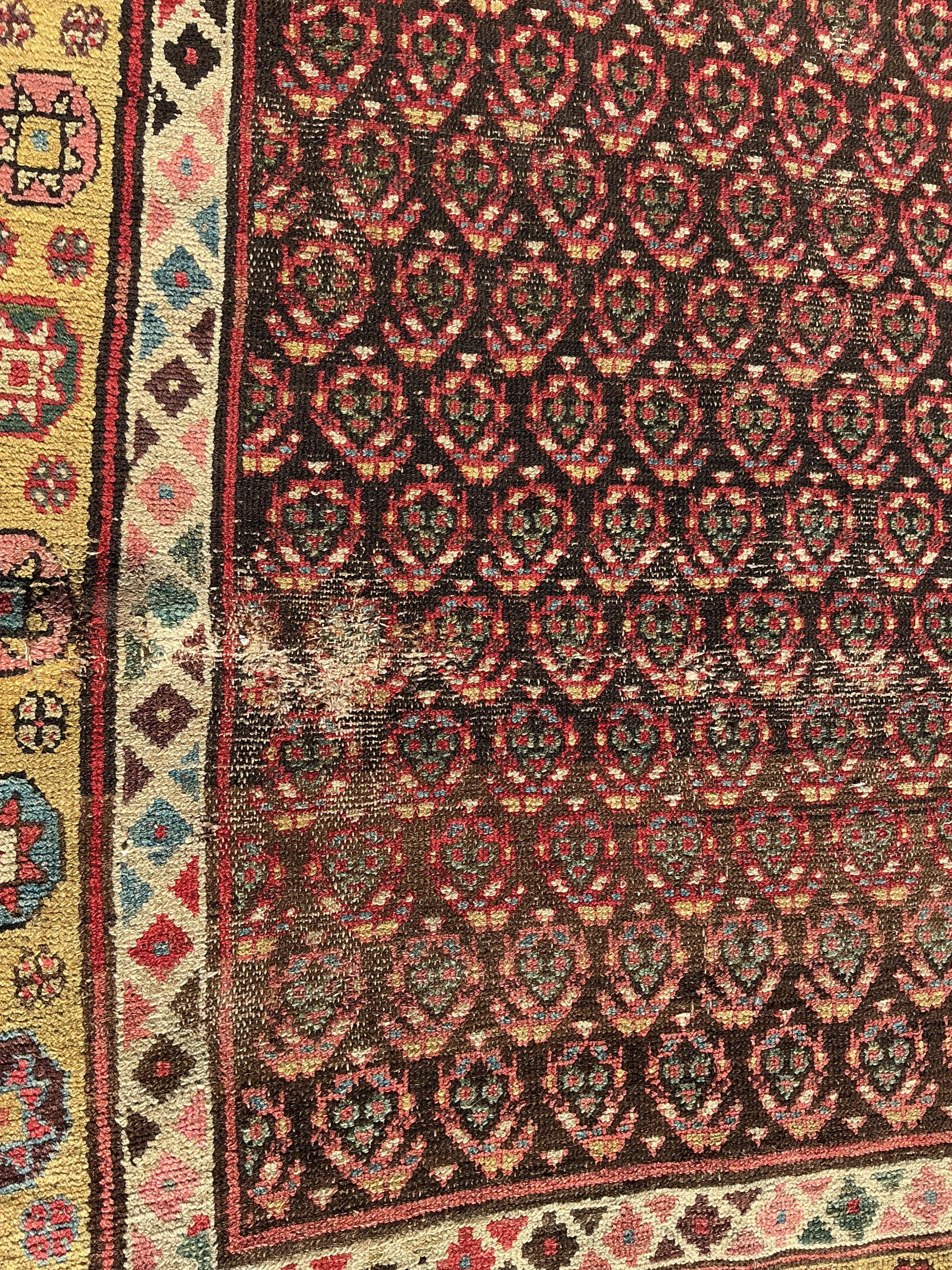 An antique Senneh red ground hall carpet, 325 x 128cm
